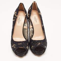 Pre Owned Valentino Black Crystal Embellished Lace Peep Toe Pumps Size 36