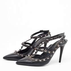 Pre Owned Valentino Black Leather Rockstud Ankle Strap Pumps Size 37.5