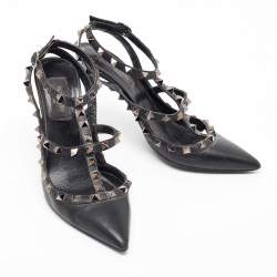 Pre Owned Valentino Black Leather Rockstud Ankle Strap Pumps Size 37.5