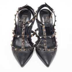 Pre Owned Valentino Black Leather Rockstud Ankle Strap Pumps Size 37.5