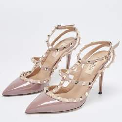 Pre Owned Valentino Beige Patent Rockstud Ankle Strap Pumps Size 37.5 
