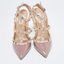 Pre Owned Valentino Beige Patent Rockstud Ankle Strap Pumps Size 37.5 