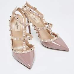 Pre Owned Valentino Beige Patent Rockstud Ankle Strap Pumps Size 37.5 