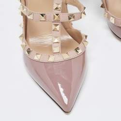 Pre Owned Valentino Beige Patent Rockstud Ankle Strap Pumps Size 37.5 