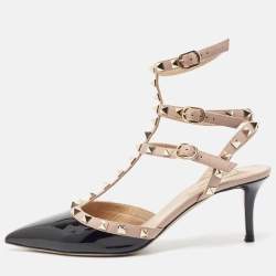 Pre Owned Valentino Black/Pink Patent And Leather Rockstud Ankle Strap Pumps Size 38