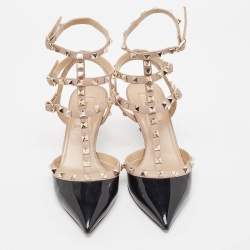 Pre Owned Valentino Black/Pink Patent And Leather Rockstud Ankle Strap Pumps Size 38