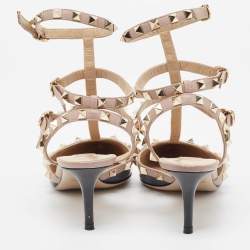 Pre Owned Valentino Black/Pink Patent And Leather Rockstud Ankle Strap Pumps Size 38