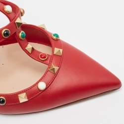 Pre Owned Valentino Red Leather Rolling Rockstud Ankle Strap Pumps Size 41