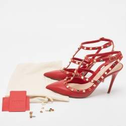 Pre Owned Valentino Red Leather Rolling Rockstud Ankle Strap Pumps Size 41