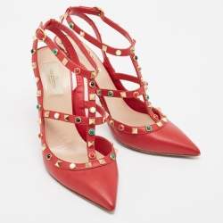 Pre Owned Valentino Red Leather Rolling Rockstud Ankle Strap Pumps Size 41