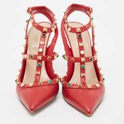 Pre Owned Valentino Red Leather Rolling Rockstud Ankle Strap Pumps Size 41