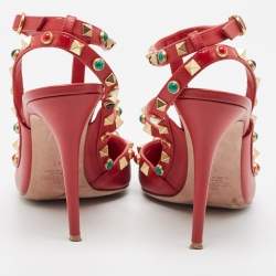 Pre Owned Valentino Red Leather Rolling Rockstud Ankle Strap Pumps Size 41