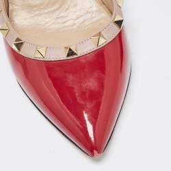 Pre Owned Valentino Red/Beige Patent and Leather Wedge Rockstud Pumps Size 39