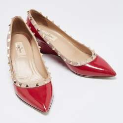 Pre Owned Valentino Red/Beige Patent and Leather Wedge Rockstud Pumps Size 39