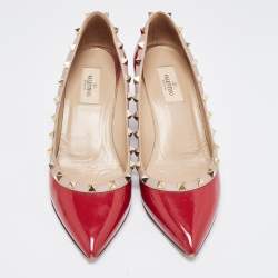Pre Owned Valentino Red/Beige Patent and Leather Wedge Rockstud Pumps Size 39