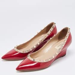Pre Owned Valentino Red/Beige Patent and Leather Wedge Rockstud Pumps Size 39