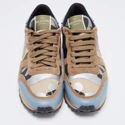 Pre Owned Valentino Multicolor Camo Print Leather and Canvas Rockrunner Sneakers Size 37.5