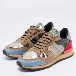 Pre Owned Valentino Multicolor Camo Print Leather and Canvas Rockrunner Sneakers Size 37.5