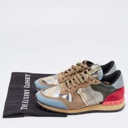 Pre Owned Valentino Multicolor Camo Print Leather and Canvas Rockrunner Sneakers Size 37.5