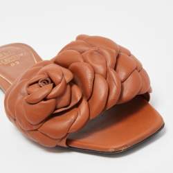 Pre Owned Valentino Brown Leather 03 Rose Edition Atelier Flat Slides Size 38