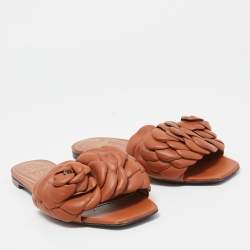 Pre Owned Valentino Brown Leather 03 Rose Edition Atelier Flat Slides Size 38