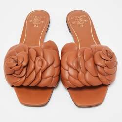 Pre Owned Valentino Brown Leather 03 Rose Edition Atelier Flat Slides Size 38