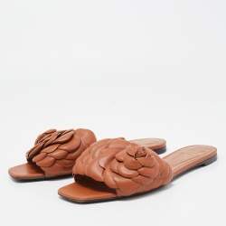 Pre Owned Valentino Brown Leather 03 Rose Edition Atelier Flat Slides Size 38