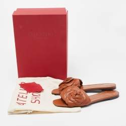 Pre Owned Valentino Brown Leather 03 Rose Edition Atelier Flat Slides Size 38