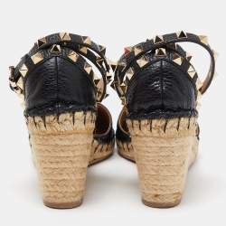 Pre Owned Valentino Black Leather Rockstud Wedge Espadrille Ankle Wrap Pumps Size 36
