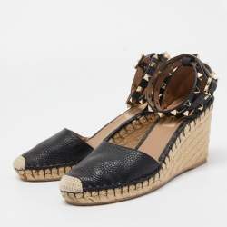 Pre Owned Valentino Black Leather Rockstud Wedge Espadrille Ankle Wrap Pumps Size 36