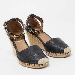 Pre Owned Valentino Black Leather Rockstud Wedge Espadrille Ankle Wrap Pumps Size 36