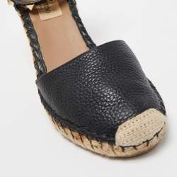 Pre Owned Valentino Black Leather Rockstud Wedge Espadrille Ankle Wrap Pumps Size 36