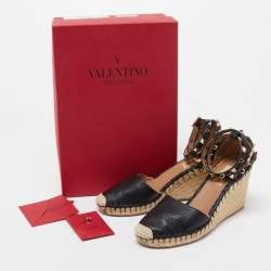 Pre Owned Valentino Black Leather Rockstud Wedge Espadrille Ankle Wrap Pumps Size 36