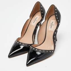 Pre Owned Valentino Black Patent and Leather Studded Pointed Toe Pumps Size 38