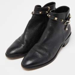 Pre Owned Valentino Black Leather Rockstud Ankle Boots Size 39