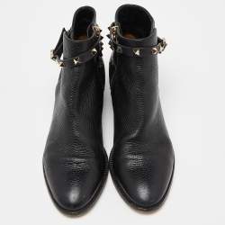 Pre Owned Valentino Black Leather Rockstud Ankle Boots Size 39