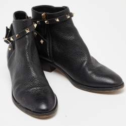 Pre Owned Valentino Black Leather Rockstud Ankle Boots Size 39