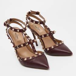 Pre Owned Valentino Burgundy Leather Rockstud Strappy Pointed Toe Pumps Size Size 38