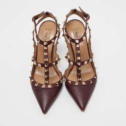 Pre Owned Valentino Burgundy Leather Rockstud Strappy Pointed Toe Pumps Size Size 38