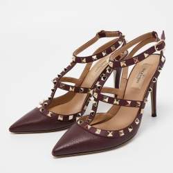 Pre Owned Valentino Burgundy Leather Rockstud Strappy Pointed Toe Pumps Size Size 38