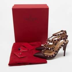Pre Owned Valentino Burgundy Leather Rockstud Strappy Pointed Toe Pumps Size Size 38