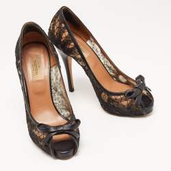 Pre Owned Valentino Black Lace and Leather Bow Peep Toe Pumps Size 39