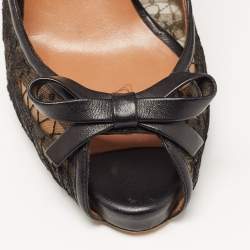 Pre Owned Valentino Black Lace and Leather Bow Peep Toe Pumps Size 39