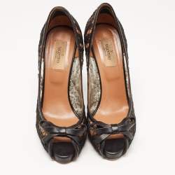Pre Owned Valentino Black Lace and Leather Bow Peep Toe Pumps Size 39