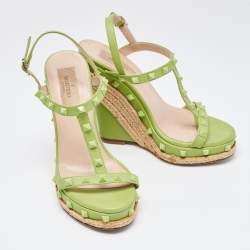 Pre Owned Valentino Green Leather Rockstud Wedge Sandals Size 37