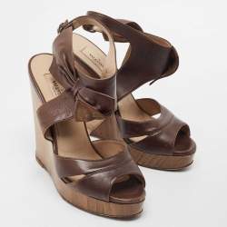 Pre Owned Valentino Brown Leather Wedge Sandals Size 37