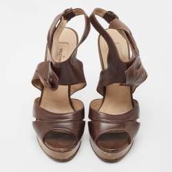 Pre Owned Valentino Brown Leather Wedge Sandals Size 37