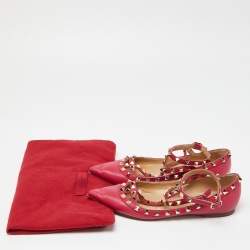 Pre Owned Valentino Pink Leather Rockstud Ankle Strap Ballet Flats Size 37.5