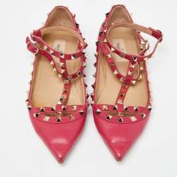 Pre Owned Valentino Pink Leather Rockstud Ankle Strap Ballet Flats Size 37.5