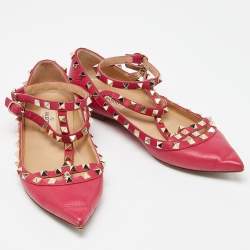 Pre Owned Valentino Pink Leather Rockstud Ankle Strap Ballet Flats Size 37.5